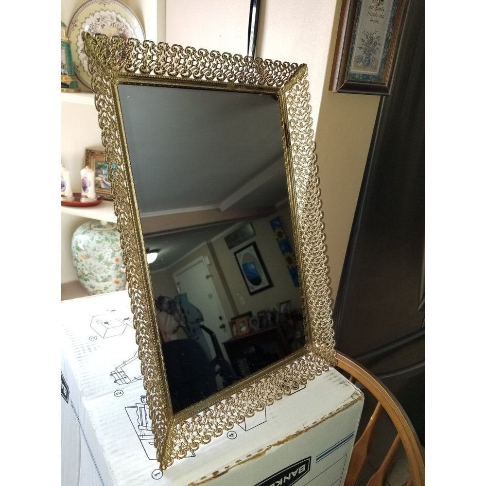 Vanity Dresser Mirror Tray with Filagree Gold Tone Metal Frame Vintage Rectangle - Picture 10 of 11